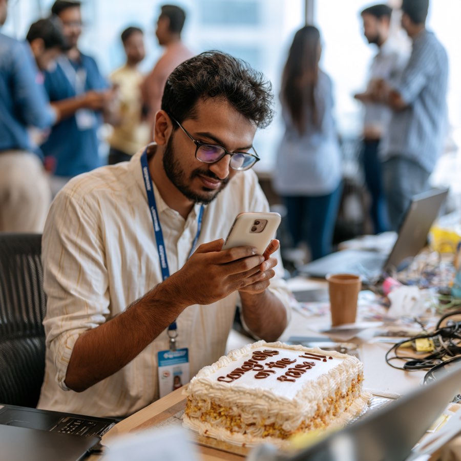 A recipient at his desk photographing an iced cake with his phone while colleagues gather behind