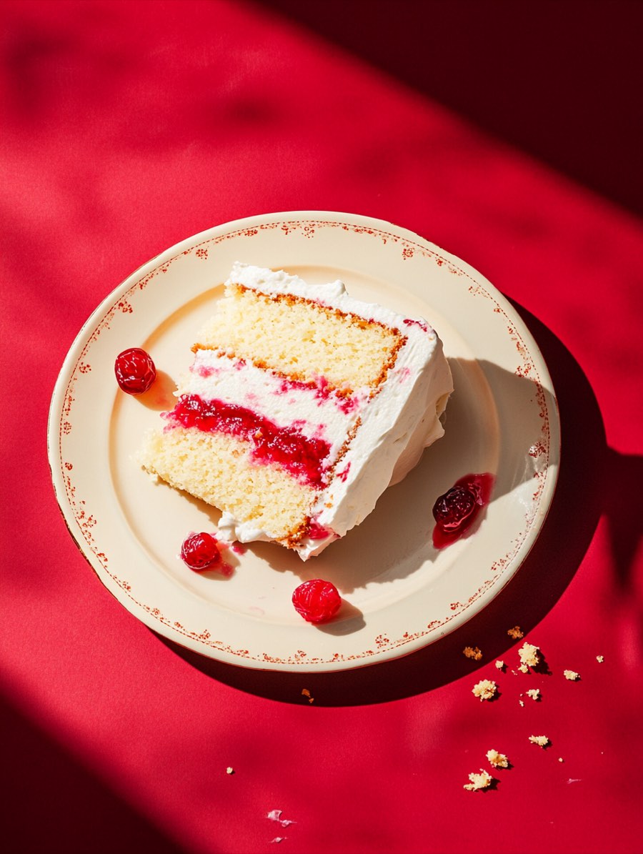 A slice of vanilla layer cake with jam and whipped cream on a vintage plate, against a cherry-red backdrop